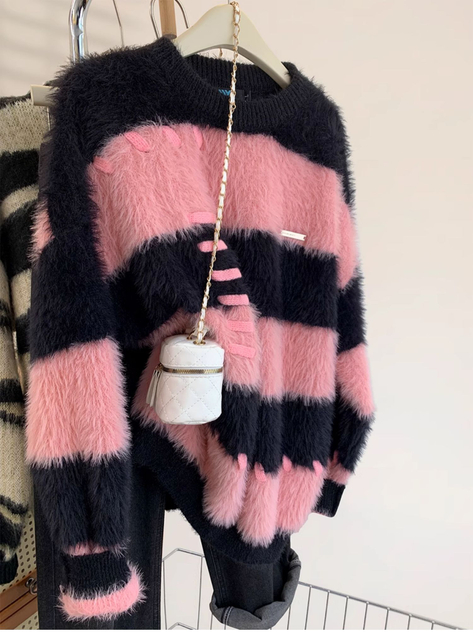 Pink Striped Pullover Sweater for Women