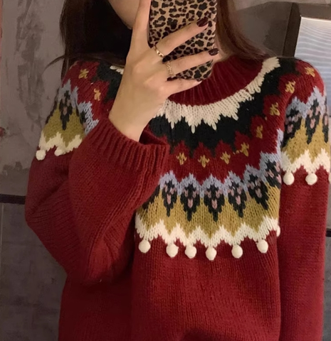 Vintage Jacquard Red Christmas Sweater