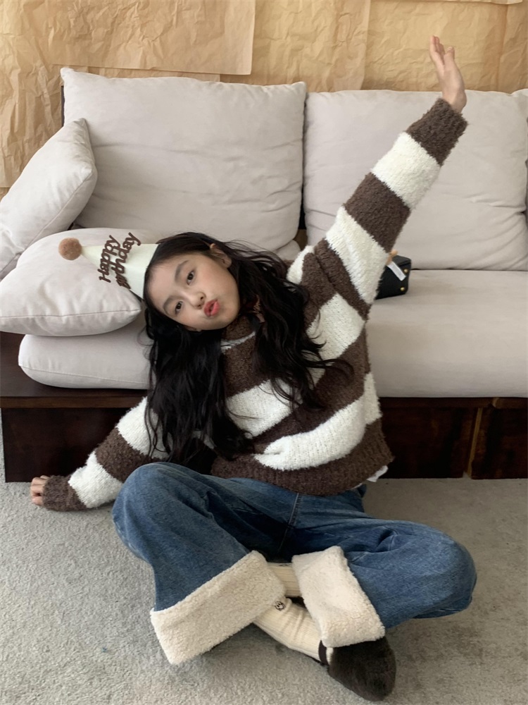 Children's Knitwear Hooded Striped Sweater brown