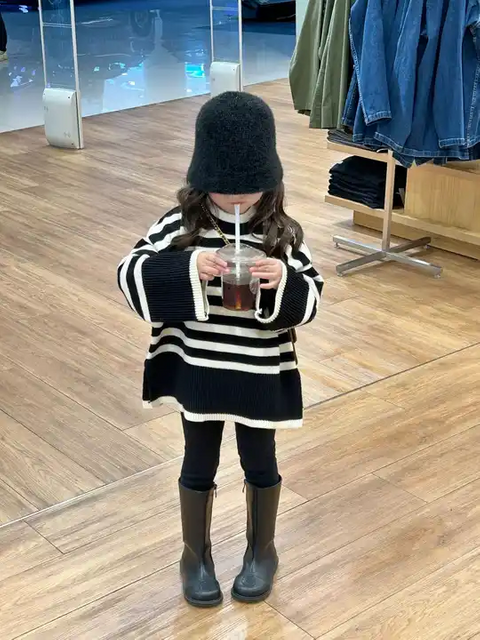 Kids Girls Black White Striped Sweater