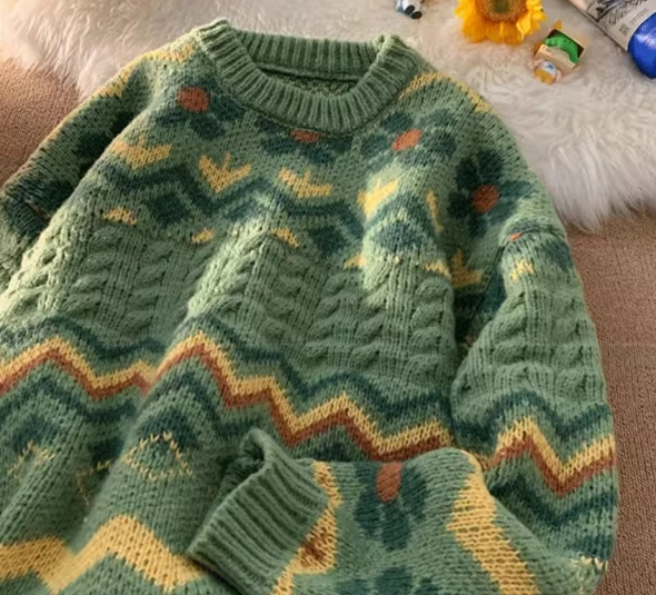 Plus Size Loose Green Knitted Sweater