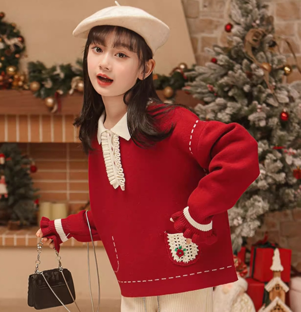 Girls Red Knit Sweater Thickened